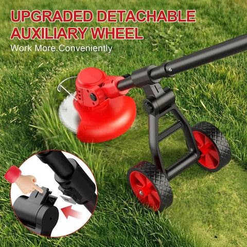 Cordless Weed Wacker With Wheels Electric Trimmer With Dual 21V 2.0Ah Batteries on lawn showing detachable wheel feature