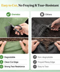 Comparison of green and black weed barrier materials being cut, highlighting easy cutting and fray resistance, Weed Barrier Landscape Fabric 4 Ft By 100 Ft Non Woven Easy To Cut Fray Resistant Breathable Permeable With 30 Stakes For Gardens Flower Beds And Vegetable Plots Say Goodbye To Weeds shown on left.