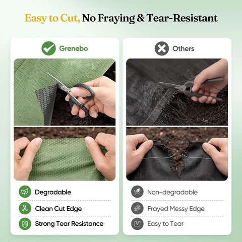 Comparison of green and black weed barrier materials being cut, highlighting easy cutting and fray resistance, Weed Barrier Landscape Fabric 4 Ft By 100 Ft Non Woven Easy To Cut Fray Resistant Breathable Permeable With 30 Stakes For Gardens Flower Beds And Vegetable Plots Say Goodbye To Weeds shown on left.