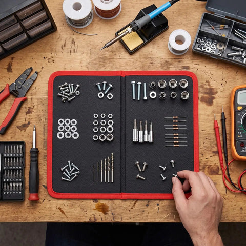 Magnetic Tool Mat With 40 Lb Holding Power Flexible Foldable Parts Tray PVC Coated For Auto Repair Shop Garage Organization 9.6x11 Inch Keeps Screws Bolts And Tools From Slipping on workbench with screws, bolts, and bits