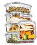5 Pack 22oz Glass Meal Prep Containers With Snap Airtight Lids in grey, filled with assorted meals, displayed vertically.