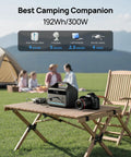 Portable Power Station 192Wh LiFePO4 Battery Solar Generator With 300W Continuous Power on outdoor table with camera