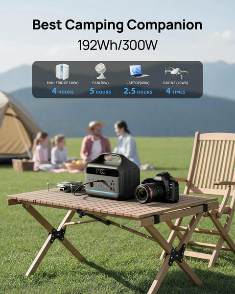 Portable Power Station 192Wh LiFePO4 Battery Solar Generator With 300W Continuous Power on outdoor table with camera