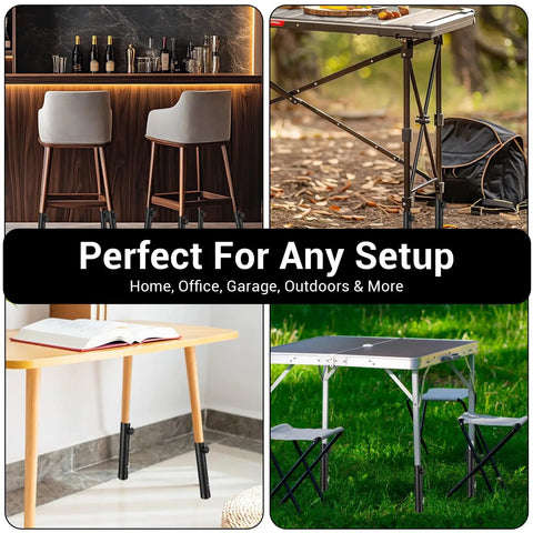 Heavy Duty 4 Pack Folding Table Leg Extenders With Three Level Adjustable Risers For Sweet Height Upgrades On Straight Legs Built From Tough Carbon Steel No Sweat Quick Install For Cozy Home Or Office Setups Black Hardware mounted on various setups including home, office, and outdoor tables.