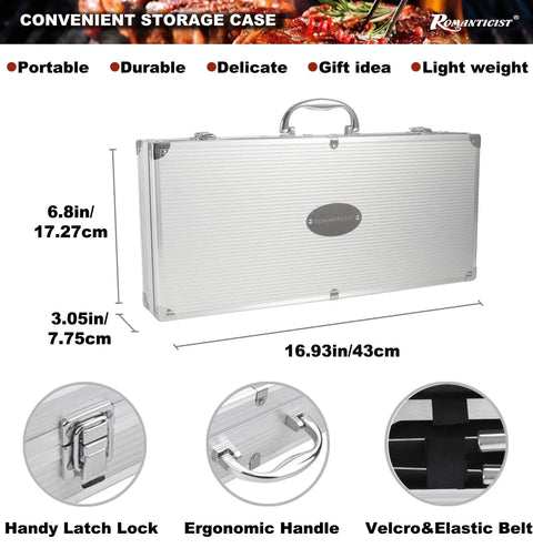 Aluminum case of Grillin Ready 23 Piece BBQ Tool Set With Thermometer, featuring ergonomic handle and latch lock for easy portability.
