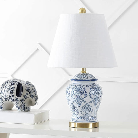 Blue And White Chinoiserie Ceramic Urn Table Lamp With White Linen Shade Classic Nightstand Light For Living Room And Bedroom ETL Listed 120V Safety LED Bulb Included Energy Saving Lit Warm Glow