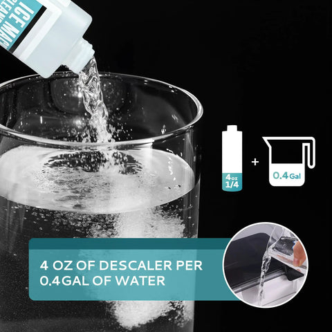 16 Fl Oz Ice Maker Descaler Cleaner Universal Descaling Solution For All Brand Ice Makers The Go To Non Toxic Citric Acid Formula Odor Free Safe On Nickel Stainless Chrome Also Great For Coffee And Espresso Machines poured into a glass container