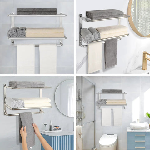 3 Tier Bathroom Towel Rack Wall Mount In Brushed Nickel SUS 304 Stainless Steel with folded towels and hanging robes
