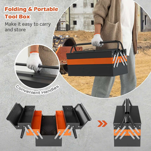 22-Inch Cantilever Tool Box With 5 Trays And 3 Layers, portable metal toolbox with handle being carried, folding design in use
