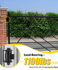 Close-up of metal driveway gate with Heavy Duty Weld On Gate Hinges 4 Pack Adjustable Sealed Bearing Swing Gate Hardware
