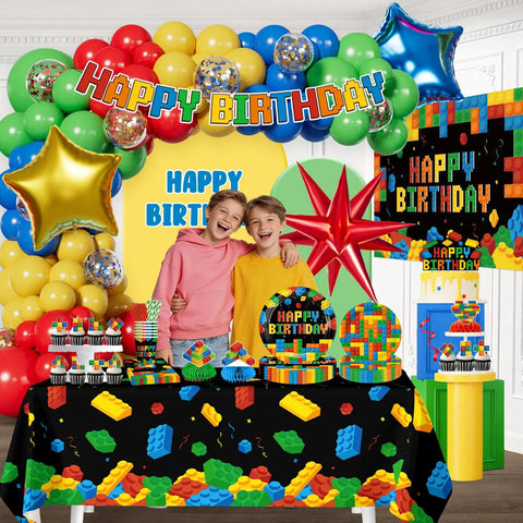 Nail The Party Vibe With This 310 Piece Building Block Birthday Decorations Kit Serving Twenty Five Guests Including Balloons Backdrop Centerpieces And Cake Toppers with vibrant table setup and kids.