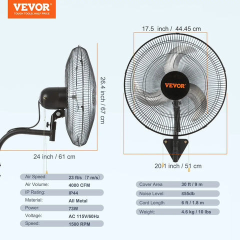 18 Inch Wall Mount Oscillating Fan With 3 Speeds Cranks Out High Velocity Air Up To 4000 CFM For Indoor And Outdoor Use In Workshops Basements Warehouses Greenhouses And Homes ETL Listed Quiet Yet Mighty, showing dimensions and features.