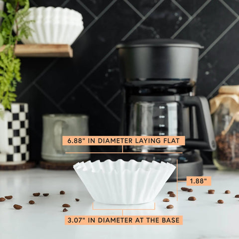 4 To 6 Cup Junior Basket Style Coffee Filters White Paper Chlorine Free 400 Count For Most 4 To 6 Cup Brewers Made In The USA Fits Mr Coffee Proctor Silex Bunn And More Easy On Your Morning Brew, shown with dimensions