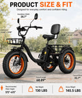 Electric Tricycle For Adults With 1350W Peak Motor Folding 3 Wheel Ebike 48V 15.6Ah Battery 20 Inch Fat Tire Beast 20 MPH Top Speed Differential Drive Black And Orange, side view with baskets