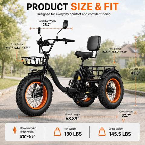 Electric Tricycle For Adults With 1350W Peak Motor Folding 3 Wheel Ebike 48V 15.6Ah Battery 20 Inch Fat Tire Beast 20 MPH Top Speed Differential Drive Black And Orange, side view with baskets
