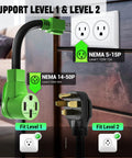 Chill Plug And Play Level 2 Ev Charger For Tesla Featuring 32 Amp Fast Charge 25 Foot Cable Nacs 14 50 And 5 15 Plugs showing NEMA adapters for Level 1 and Level 2 use.