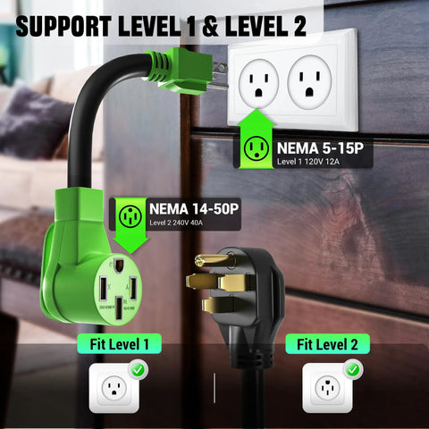 Chill Plug And Play Level 2 Ev Charger For Tesla Featuring 32 Amp Fast Charge 25 Foot Cable Nacs 14 50 And 5 15 Plugs showing NEMA adapters for Level 1 and Level 2 use.