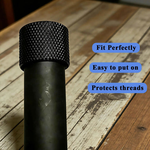 Built Tough 1/2x28 Thread Protector For Most.22LR,.223 And 5.56 Rifles, CNC Machined Steel With Black Oxide Finish, knurled grip on table