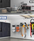 Before and after comparison of garage with Wall Mounted Garden Tool Organizer For Garage Heavy Duty Tool Rack With 11 Inch Hooks Holds Shovels Rakes Ladders And Folding Chairs Space Saving Wall Storage With Up To 400 Lbs, showing improved space efficiency.