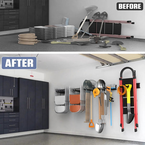 Before and after comparison of garage with Wall Mounted Garden Tool Organizer For Garage Heavy Duty Tool Rack With 11 Inch Hooks Holds Shovels Rakes Ladders And Folding Chairs Space Saving Wall Storage With Up To 400 Lbs, showing improved space efficiency.