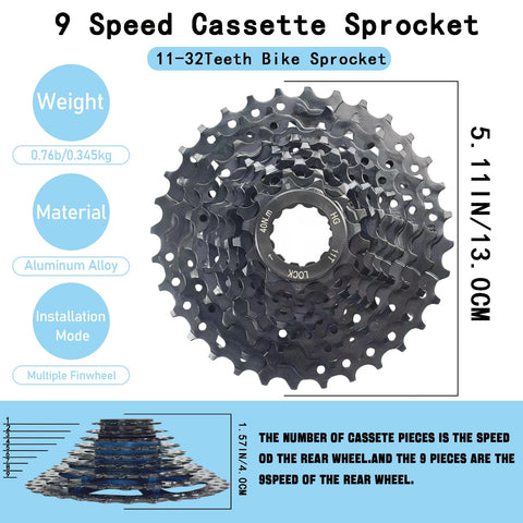 9-Speed Bike Cassette 11-32T for mountain road folding and commuter bikes, high strength steel, nickel-plated finish