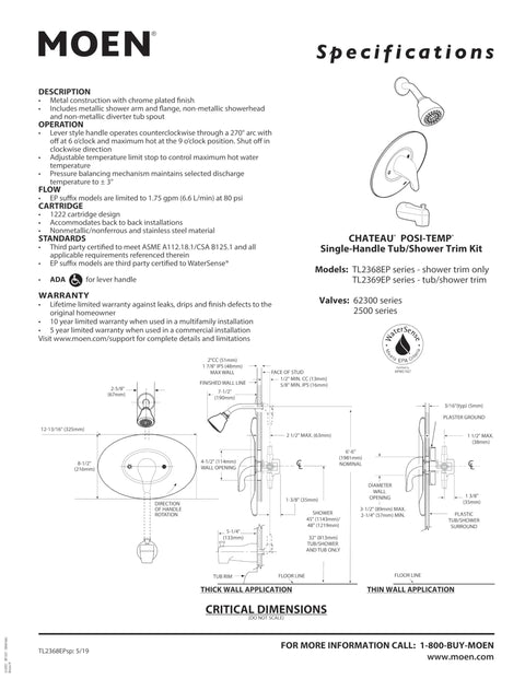 Technical specifications for Chateau Posi Temp Eco Performance Tub And Shower Trim Kit With Showerhead Lever Handle And Tub Spout Chrome.