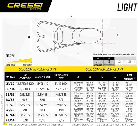 Cressi size conversion chart for Ultra Light Fins For Pool Training And Snorkeling, Short Blade, EU sizes with fit guidance.