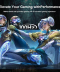 Gaming imagery highlighting 100Hz refresh rate for smooth visuals, featuring fantasy character art and performance comparison.