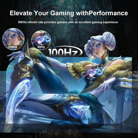 Gaming imagery highlighting 100Hz refresh rate for smooth visuals, featuring fantasy character art and performance comparison.