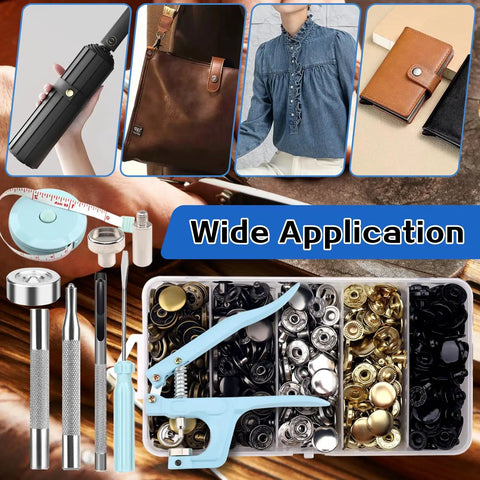 15mm Snap Fasteners Kit With 125 Sets In Five Colors Gold Silver Bronze Black And Gun Black Stainless Steel Leather Snaps For Clothes Jackets Bags And Bracelets Includes Snap Pliers For Easy Sewing And Durable Press Studs shown with application examples