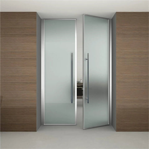 Double Sided Ladder Style Push Pull Stainless Door Handle on glass doors, 36 Inch Satin Brushed Finish for interior and exterior use.