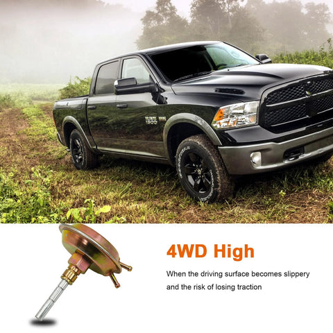 BEAMINGAUTO 4WD front axle vacuum actuator; close-up view of actuator with a black Dodge Ram pickup in the background