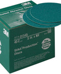 Green Corps Hookit Sanding Discs No Hole 5 Inch 40 Plus Grit Pack of 100 box with three discs on top