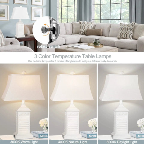 Coastal White Resin Table Lamps Set Of 2 With USB A To C Outlet Modern Nightstand Lamps for living room, 3 color temperature display