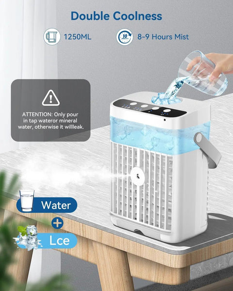 Compact 4-In-1 Mini Air Conditioner With Ice Water Cooling shown on a desk, being filled with water, features visible on unit.