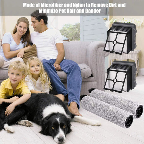 Family and dog near Replacement Brush Roller And Vacuum Filter Kit For iFloor 3 And iFloor One S3 on sofa.
