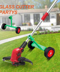 Adjustable String Trimmer Support Wheel Attachment For 26mm And 28mm Poles Ergonomic Pulley Roller with red wheels and metal frame on green grass.