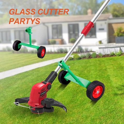 Adjustable String Trimmer Support Wheel Attachment For 26mm And 28mm Poles Ergonomic Pulley Roller with red wheels and metal frame on green grass.