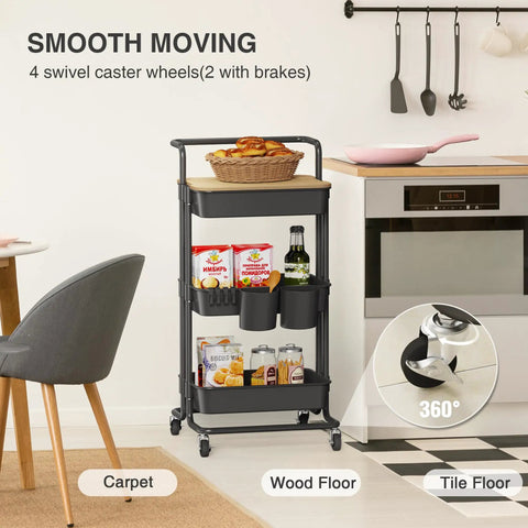 Three Tier Rolling Utility Cart With Cover Top And Wheels For Office Kitchen Bathroom On The Go Storage Cart Includes Three Baskets Six Hooks Three Cups And A Lid Top For Laptop Coffee Crafts And More Black in kitchen setting