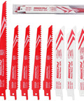 Front view of 10-piece reciprocating saw blade set with 6-inch and 8-inch wood/metal blades in red and white, with storage case