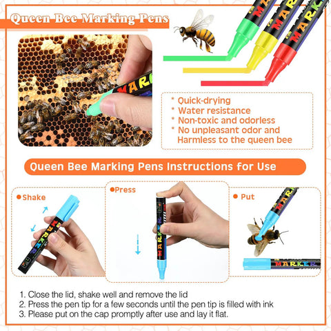 Beekeeping Starter Kit 11 Piece Queen Bee Marking Set with pens showing marking instructions and benefits.
