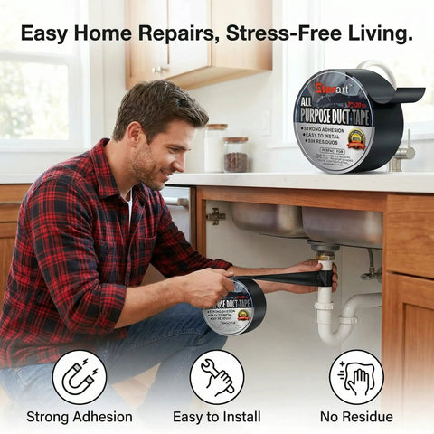 Man using Heavy Duty Black Duct Tape With Tear By Hand And No Residue Adhesive Industrial Strength Waterproof All Purpose Tape
