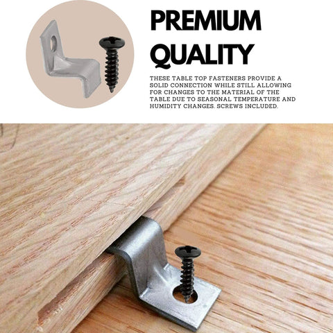 Table Top Fasteners Set With Screws, Heavy Duty Solid Steel Construction For Woodworking Projects, installed on wood surface