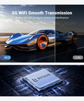Wireless USB C Transmitter And HDMI Receiver 5G WiFi smooth transmission with sports car and circuit board chip detail.