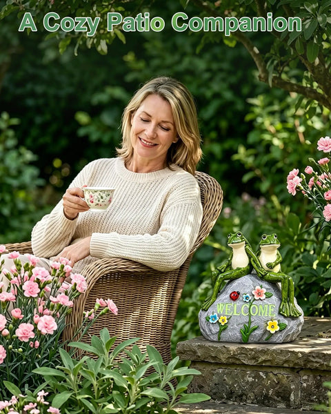 Woman enjoying tea in garden with Solar Frog Garden Statue With Realistic Succulent And 7 LED Lights, Outdoor Lawn Decor For Patio Balcony Yard