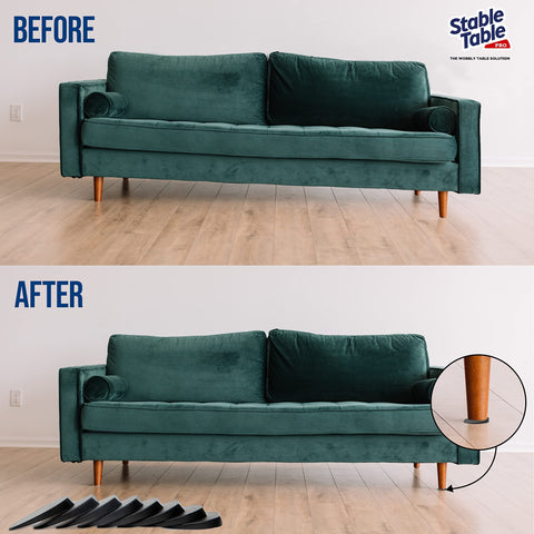 Before and after sofa leveling using Black Rubber Table Leveler Wedges Set For Restaurant Tables And Home Furniture Three And Three Quarter Inch Anti Slip Non Slip Stackable DIY Levelers For Wobbly Tables Doors And More Pro Grade Grip.