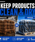 Heavy Duty Clear Pallet Covers Hella Tough American Made Tarp For Warehouse Racks And Outside Gear No Sweat Shielding From Rain Snow Dust With Solid One Month UV Resistant Coating Bulk Pack Of One Hundred stacked covered pallet vs. unprotected stacks.