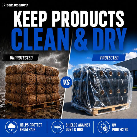 Heavy Duty Clear Pallet Covers Hella Tough American Made Tarp For Warehouse Racks And Outside Gear No Sweat Shielding From Rain Snow Dust With Solid One Month UV Resistant Coating Bulk Pack Of One Hundred stacked covered pallet vs. unprotected stacks.
