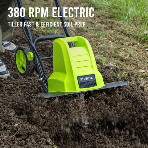 18 Inch Electric Tiller Cultivator With 8.7 Inch Depth And 24 Steel Tines, 13.5 Amp Corded Power tilling soil in garden