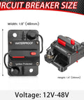 Waterproof 100Amp Circuit Breaker For Boats And Marine Gear, Inline Fuse With Manual Reset, 12V-48V, front and side view, dimensions shown